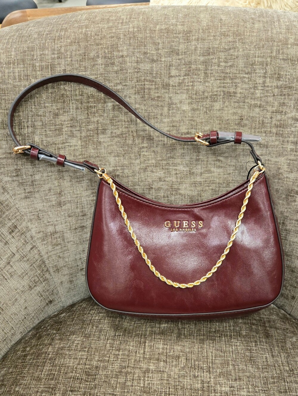 GUESS Wine Red Shoulder Bag with Gold Rope Chain